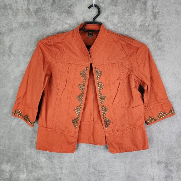 Womens Orange Multiples Linen Blend Studded Jacket Open Front 3/4 Sleeve Size M - Picture 2 of 7